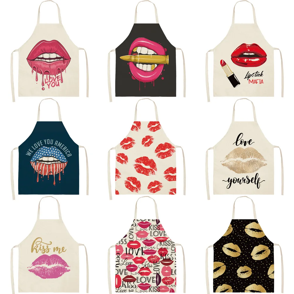 Creative Lips Women Men Kitchen Aprons Waterproof Cooking oil-proof Cotton Linen Antifouling Chef Apron Cleaning 68*55cm 0058