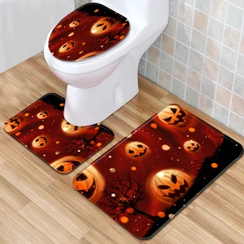 

WUJIE 3 Pieces Set Pumpkin Pattern Non-slip Toilet Seat Cover Carpet Pedestal Rug+Toilet Cover+Bath Mat Set Halloween Decoration