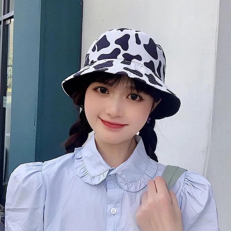 Panama Cow Print Hat Cap for Women Ins Sun Cute Black White Panama Cow Bucket Hats Lady Fishman Panama Cow Hats
