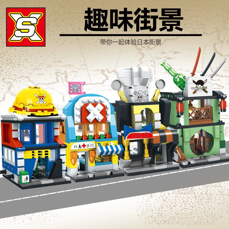 4 In1 Japan Cartoon One Piece Luffyed City Street View Building Blocks Architecture House Retail Store Shop Model Bricks Toys | Игрушки и