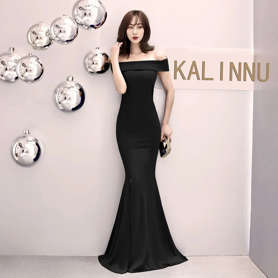 Long Evening Dresses Split Boat Neck Evening Gowns for Women Off The Shoulder Robe De Soiree Short Sleeve Fromal Dress C081
