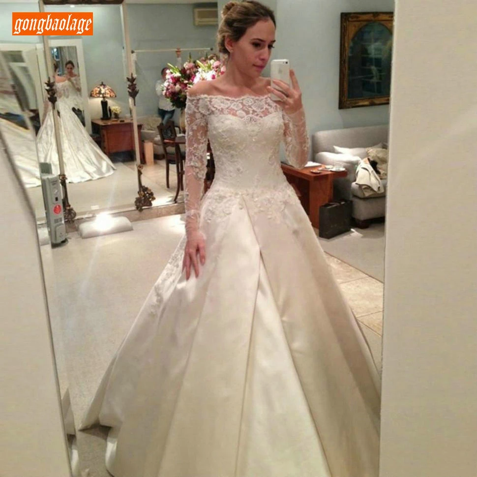 Элегантное кружевное свадебное платье с длинными рукавами, платье принцессы с открытыми плечами, свадебное платье трапециевидной формы с