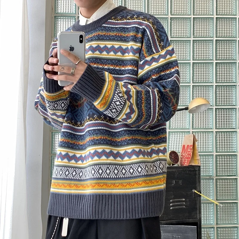 Зимний мужской свитер, модный ретро повседневный вязаный пуловер, мужской свитер, одежда, свободный свитер с длинным рукавом и круглым вырезом, мужской M-2XL