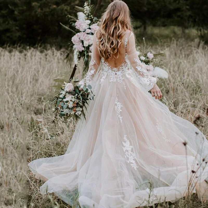 Романтические свадебные платья трапеции в стиле бохо с V образным вырезом 2019