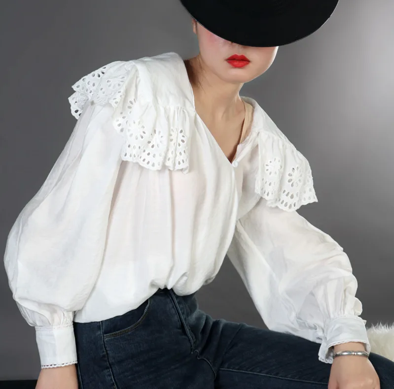 Модная новинка, модная белая рубашка с v-образным вырезом и большим кружевным воротником, женская блузка с длинными рукавами и фонариком, Vestido YG19111