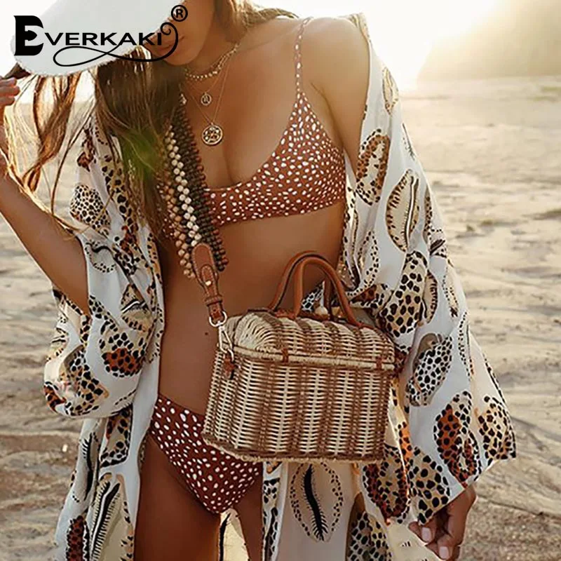 Женское пляжное пальто Everkaki Kimonos свободное винтажное с принтом в стиле бохо весна