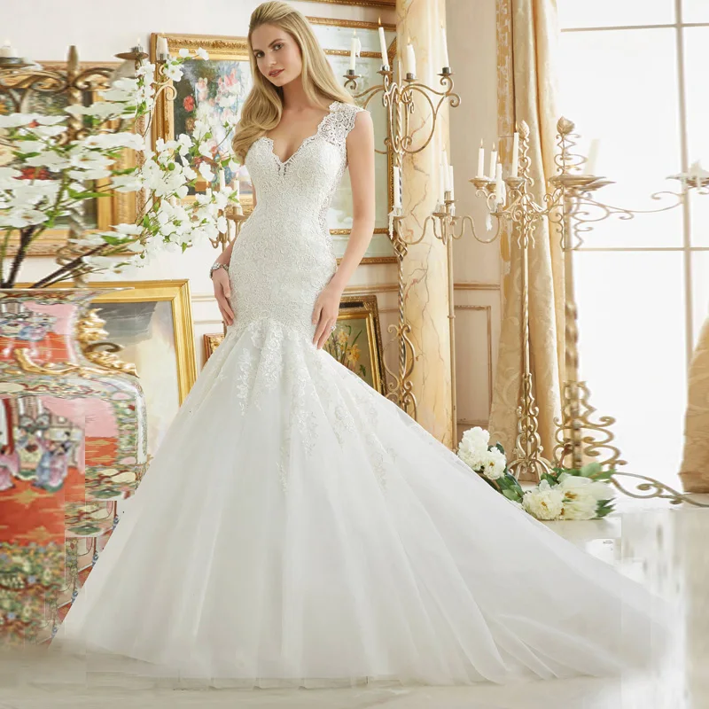 Vestidos De Noivas Vintage Kant Applique Trouwjurk V-hals Trompet 2016 Sexy Bruidsjurken Vestido De Renda Casamento Vestidos De Noivas Vintage Kant Applique Trouwjurk V-hals Trompet 2016 Sexy Bruidsjurken Vestido De Renda Casamento