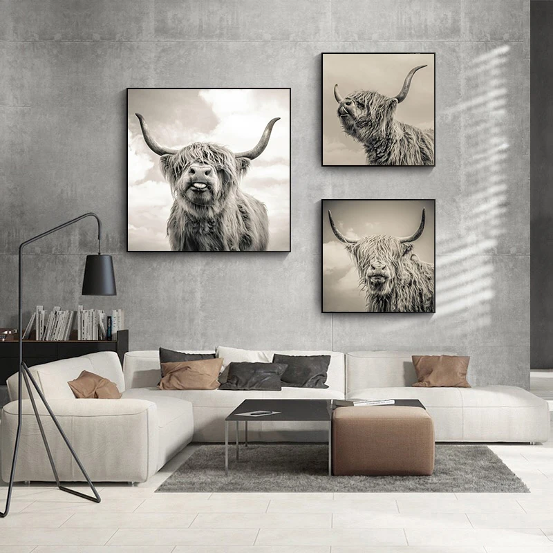 

Black and White Highland Cow Cattle Wall Canvas Art Nordic Painting Poster and Print Scandinavian Wall Picture for Living Room