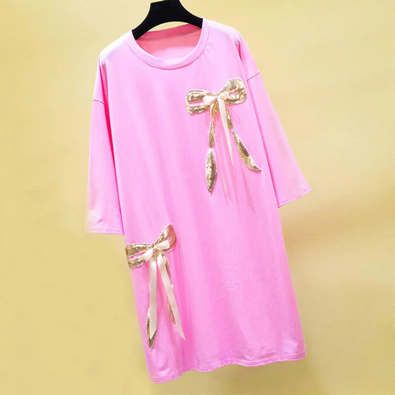 Весенне-летнее женское платье размера плюс, обхват груди 158 см, 5XL, 6XL, 7XL, 8XL, 9XL, женская футболка черного, белого, розового цветов - Цвет: Розовый