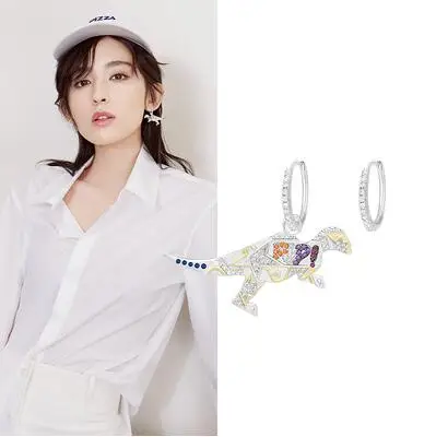 Top Quality New Fashion Eye Skull Dinosaur Asymmetry Hoop Earrings for Women Wedding Zirconia Jewelry - Metal Color: Dinosaur