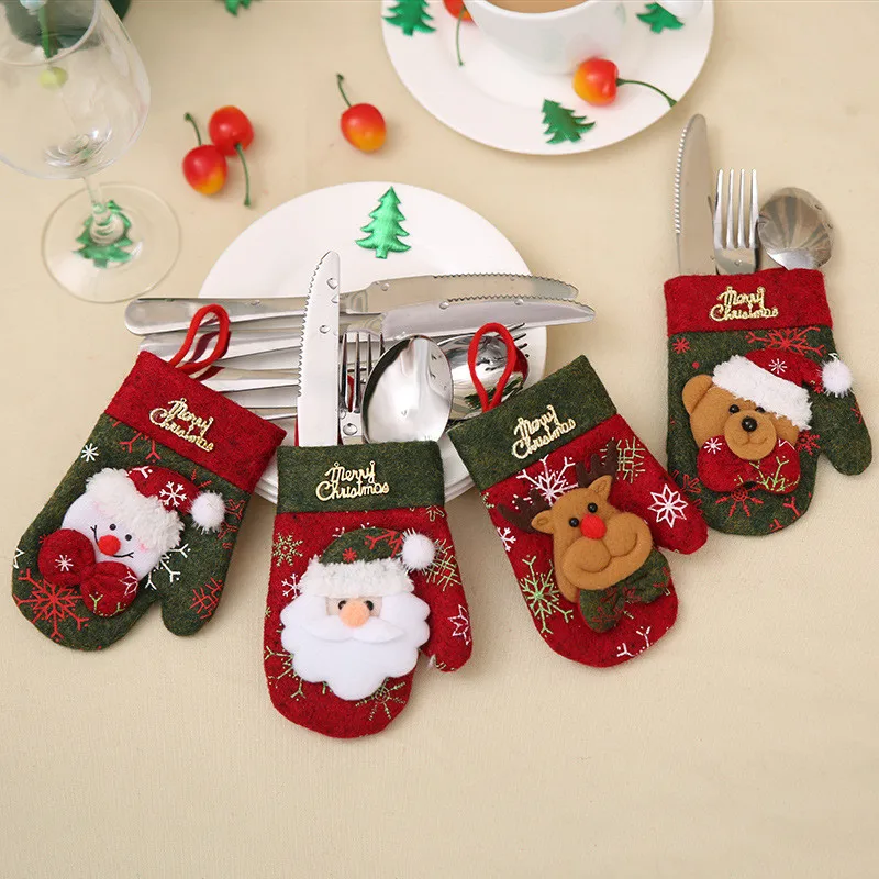 

New Year Party Snowman Santa Claus Reindeer Pocket Fork Knife Cutlery Holder Tableware Bag Christmas gloves Decoration Christmas