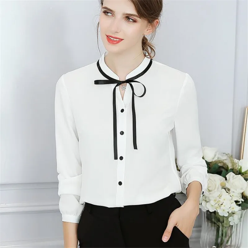 Spring and Summer Shirts Korean Women's Fashion Wild OL Style Thin Long-sleeved Solid Color Bow Collar Slim Fit Shirt | Женская
