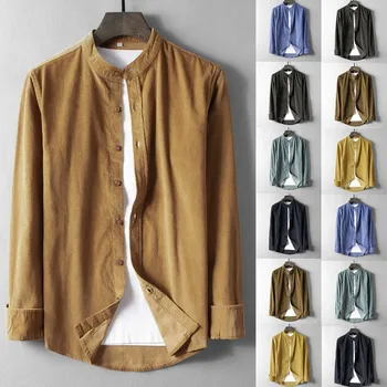 

Men's Causal Shirt Vintage Corduroy Spring Clothes Long Sleeve Top Stand Collar Cotton Solid Loose Blouse Mannen shirts