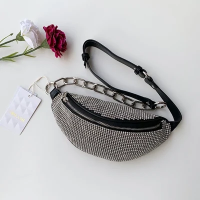 M - White Rhinestone Натуральная кожа горный хрусталь кристалл Кроссбоди сумки на плечо поясная сумка нагрудная талия пояс женские сумки - Цвет: M - White Rhinestone