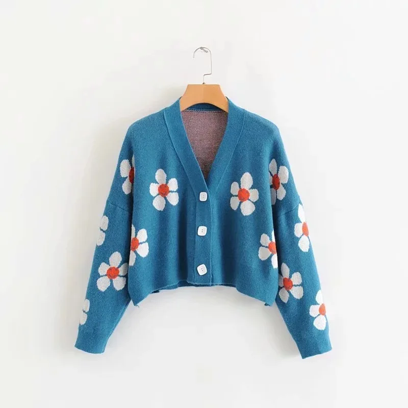 

Women Casual Floral Printing Cardigans All-Match V-Neck Knitted Sweater Korean Single-Breasted Oversized Sweater