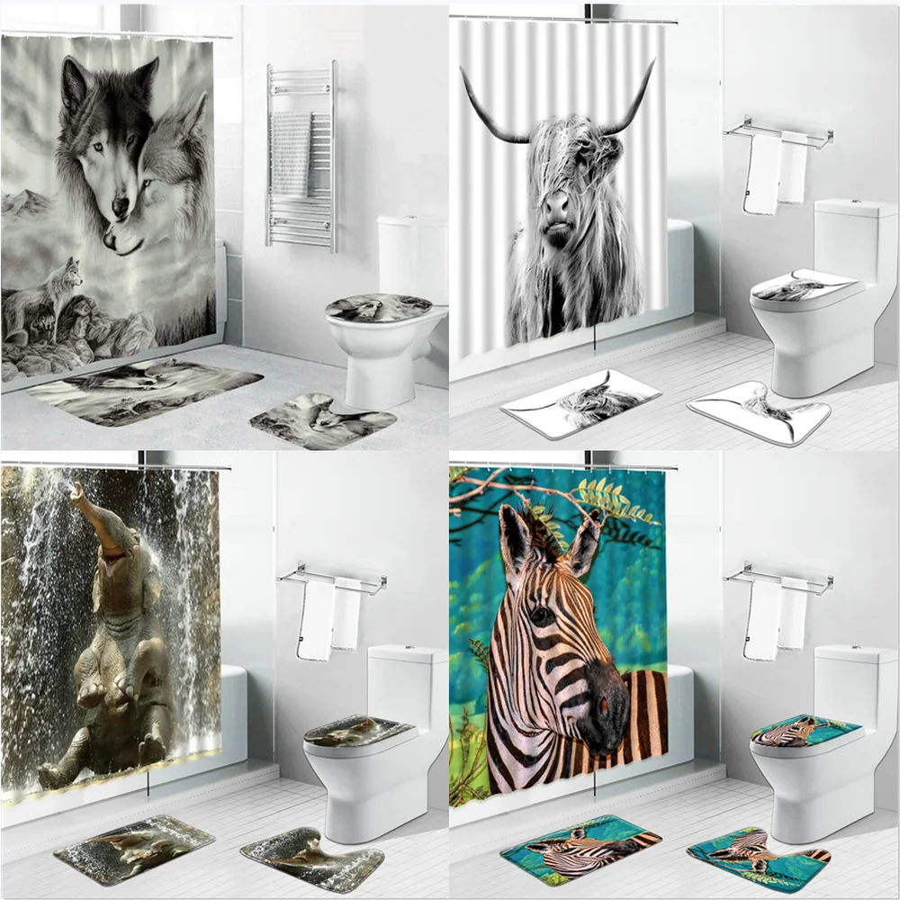 

Elephant Highland Cows Zebra Wolf Forest Animal Shower Curtains Set Lion Giraffe Bathroom Non-Slip Bath Mat Toliet Cover Carpet
