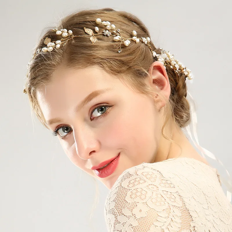 

Hot Selling Pearl Leaf Headband, Handmade Golden Hairpin, Headband Set, Bridal Headdress and Hair Accessories