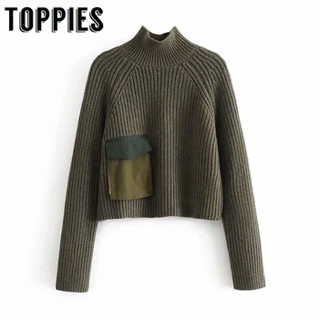 

Winter Spliced Pocket Turtleneck Sweater High Street Knitting Tops Women Sweaters Army Green Pullovers