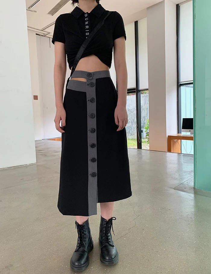 [DEAT] Knited Multi-buckle Hit Color High Elastic Waist Half-body Skirt Women Fashion Tide New Spring Summer 2020 13T204