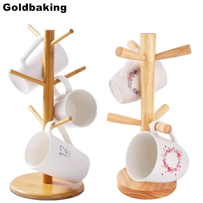 Wooden Mug Tree Coffee Tea Cup Organizer Hanger Holder With 6 Hooks