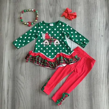 

girlymax set girls Christmas outfit gift car embroidered top with red pants girls winter outfit with bow and necklace