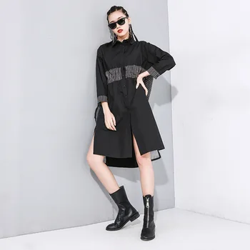

Black Strip Side Slit Women's Fashion Shirts Loose Tops 2020 Spring New Arrivals Long Sleeves Cardigan Spelling Stripe Shirt