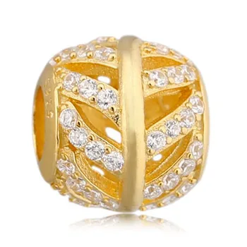 

Authentic 925 Sterling Silver Bead Charm Gold Color Light As A Feather With Crystal Bead Fit Bracelet Bangle DIY Jewelry