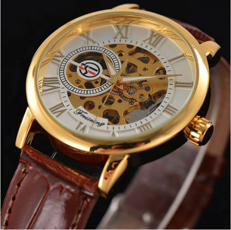 2021 Fashion 3D Logo Engraving Golden leather belt Men Mechanical Watch Forsining Transparent Case Top Brand Luxury Skeleton