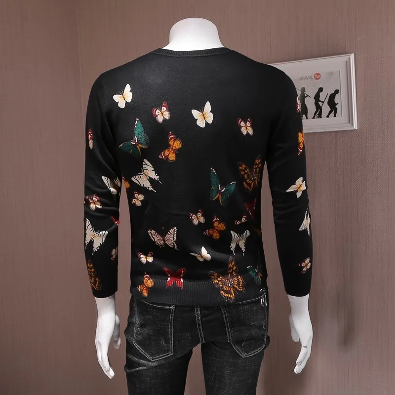 

Autumn New Mens Slim Fit O Neck Sweater Pullover Colorful Butterfly Printed Knitwear Top Casual Long Sleeve Knitted Sweater 4XL
