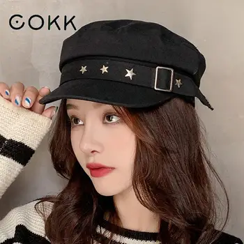 価格 Cokk帽子女性軍事キャップ女性ソリッドカラースターフラットトップ屋外カジュアル軍キャスケットgorras Chapeu Gorroファッション帽子新しい