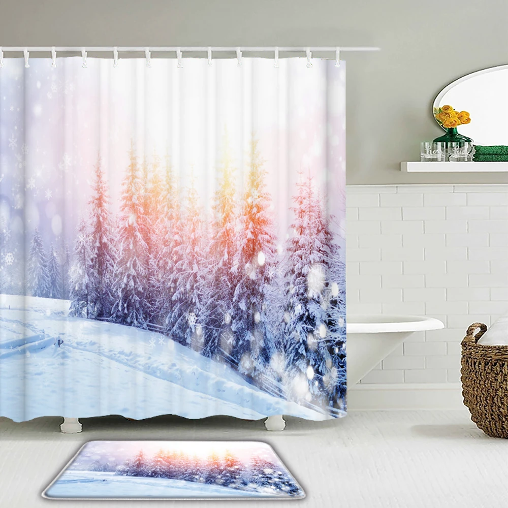 Juego de cortinas de ducha con escena de nieve, Set de cortinas tela impermeable con estera antideslizante para decoración de baño, paisaje de cedro, 2 unids/set|Cortinas de ducha| - AliExpress