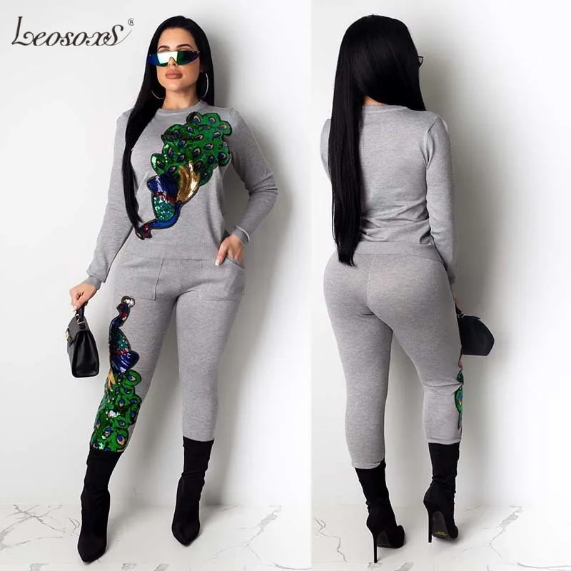 Осенний комплект из двух предметов топ с блестками и павлином спортивный костюм