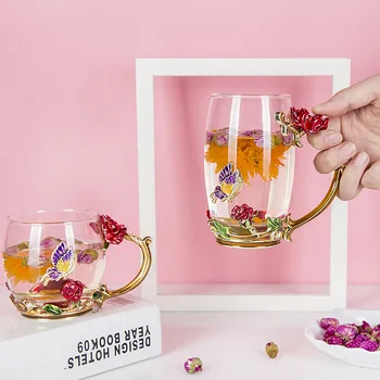 

Rose Enamel Coffee Glass Cup With Spoon Heat-resistant Home Office Flower Tea Milk Juice Cup Drinking Glasses Gifts 320/350ml