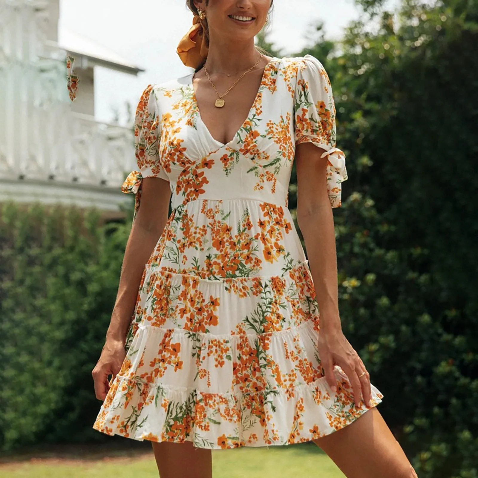 Summer Floral Print Beach Dresses Women's Sexy Off Shoulder Short -sleeve Knotted V-neck Printed Splicing Dresses Vestido Mujer 1
