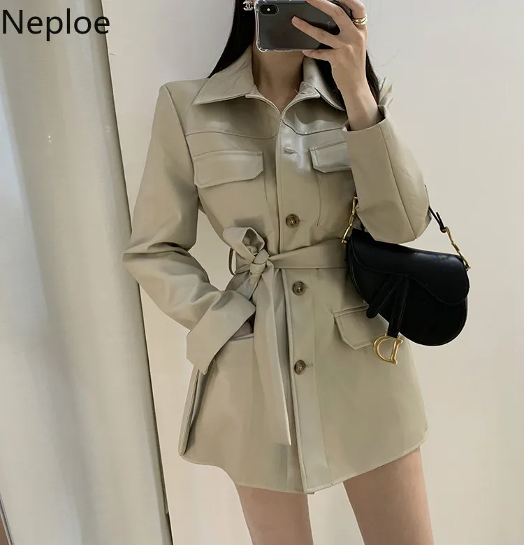 Neploe PU однобортный с поясом Женская куртка Верхняя одежда с длинными рукавами Новая мода Карманный шик ретро Женское пальто Топы 54833