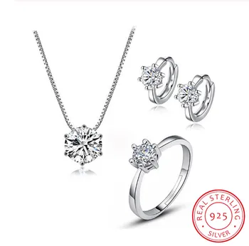 

S925 Stamp 925 Sterling Silver Dazzling 6 Claws AAAAA Zirconia Necklace+Earrings+Ring Jewelry Set For Women Wedding Jewelry