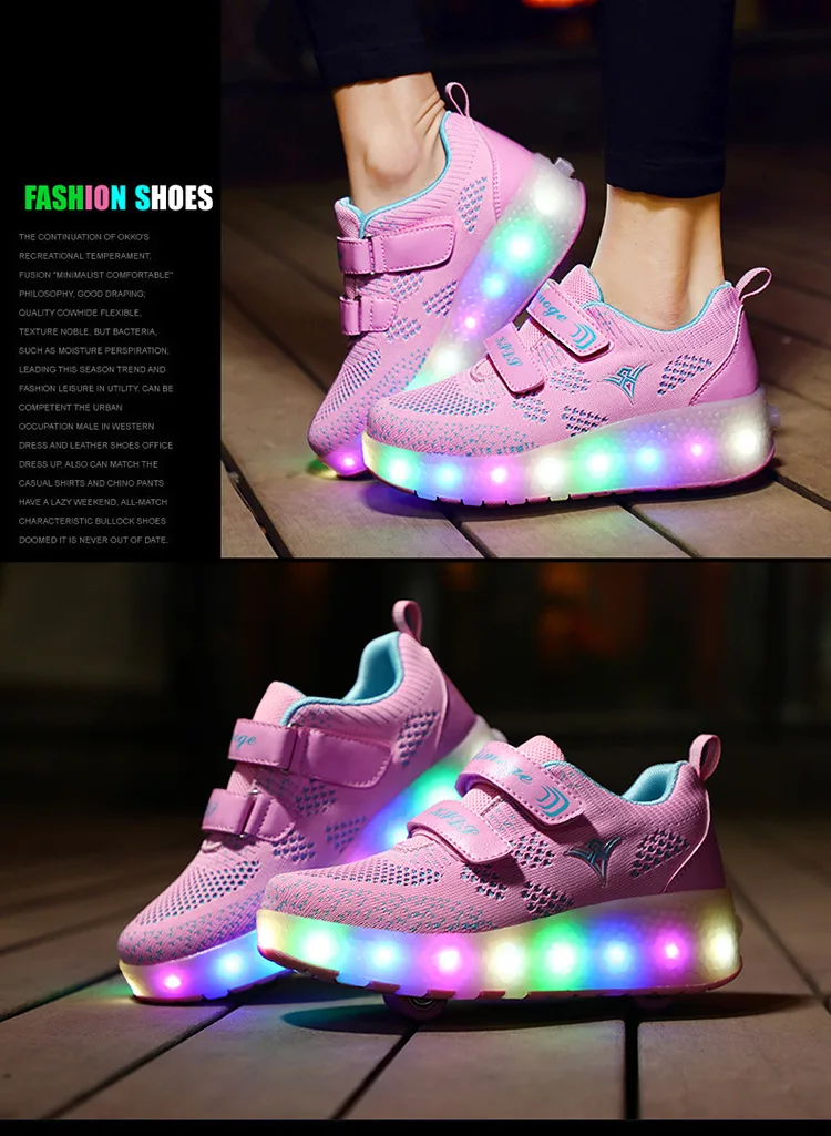 Size 28-40 LED Glowing Roller Skate Shoes with Lights for Children Boys USB Charged Luminous Sneakers on Double Wheels Kid Girls