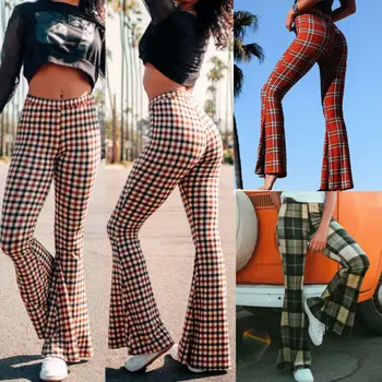 

Vintage Women's Casual Plaid Slim Bell-Bottom Flared Long Pants Ladies Hippie Trousers Fashion Autumn Spring Clothes 2020 New