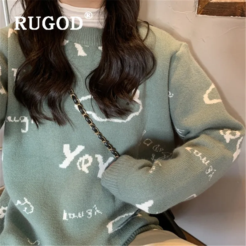 RUGOD, смешной принт с буквами, Свободный вязаный свитер для женщин, круглый вырез, мягкий теплый трикотаж, Свободный Повседневный пуловер, Модные женские милые пуловеры