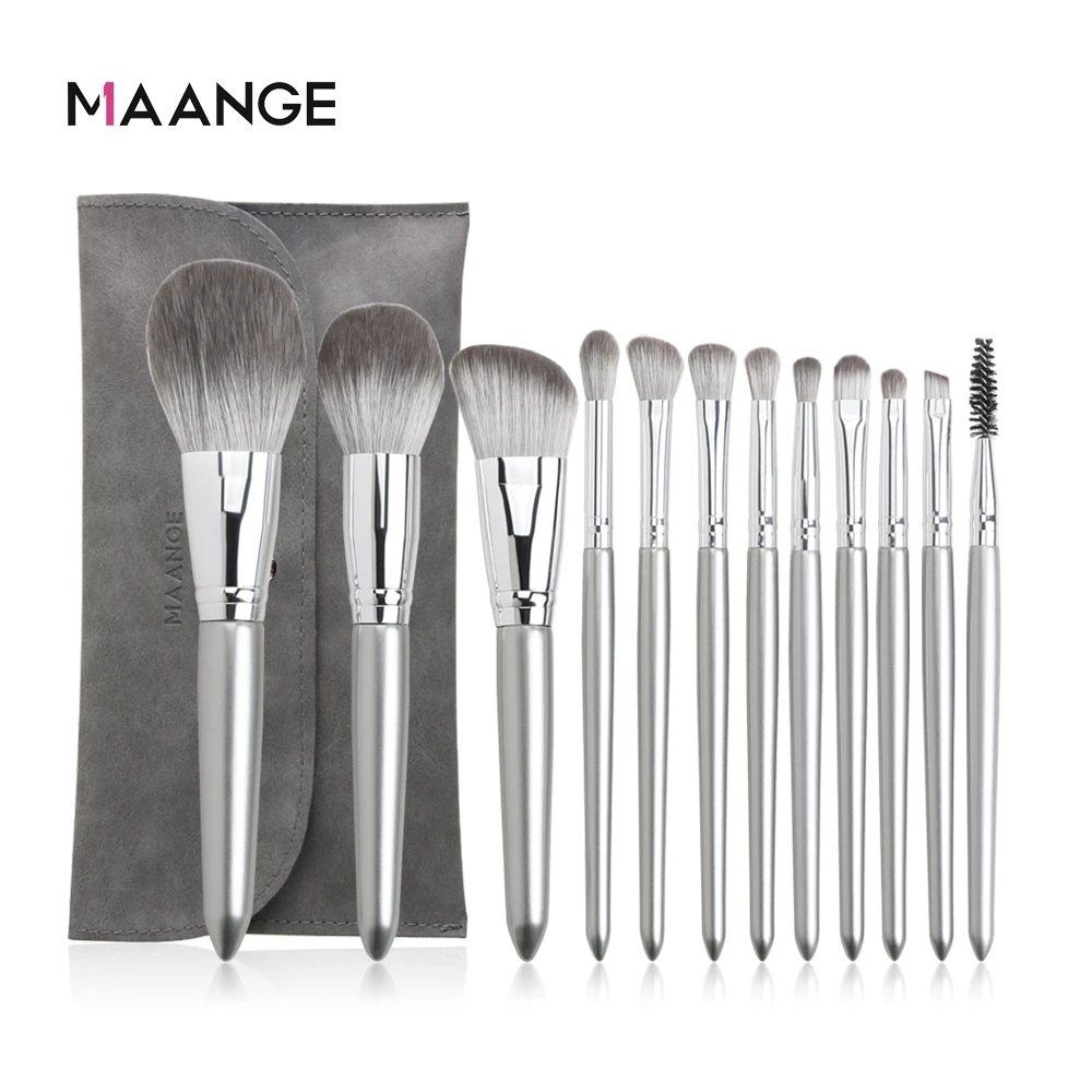 

Набор серебряных кистей для макияжа MAANGE, 12 шт., косметическая пудра, Тональная основа, румяна, тени для век, кисть для губ, профессиональные косметические инструменты