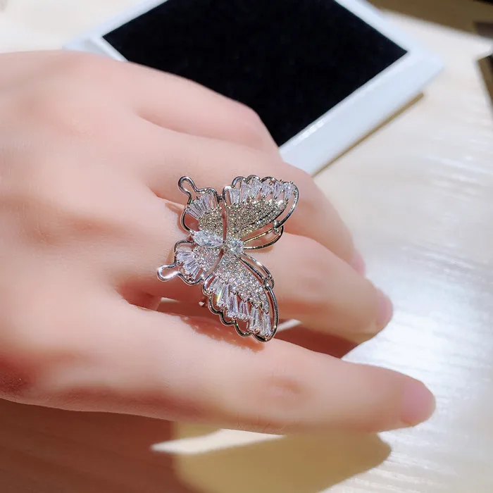 Серебряная бабочка кольцо для женщин Новая мода Корейский супер мигающий горный хрусталь Темперамент Кольца Wild