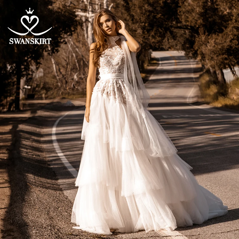 SwanSarah Boho Appliques Wedding Dress 2021 Romantic Ruched Tulle A-Line Illusion Princess Bride Gown Vestido De Novia F143 | Свадьбы и