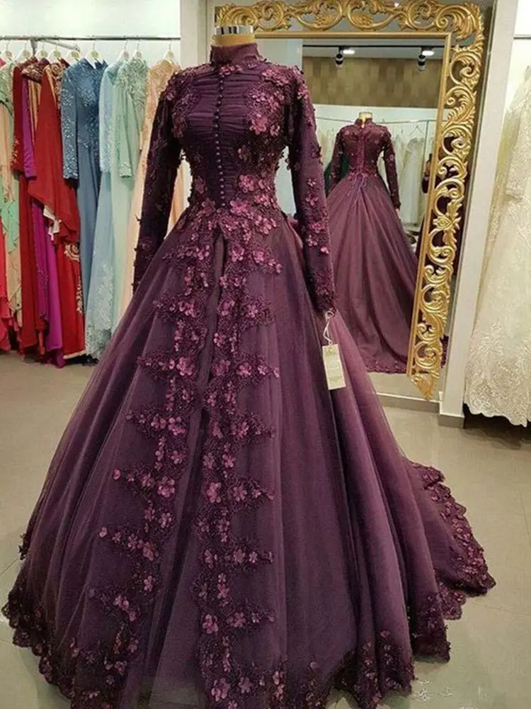

Evening Dresses Long A Line Appliqued Full Sleeve Prom Party Gowns 2020 For Women Muslim Plus Size