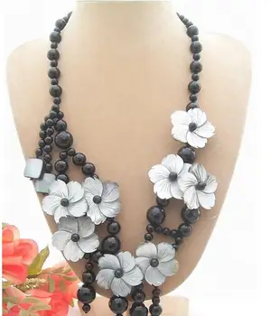 

Jewelry Pearl Necklace Hot sale new Style >Onyx&Shell Flower Necklace-Toggle Clasp Free Shipping