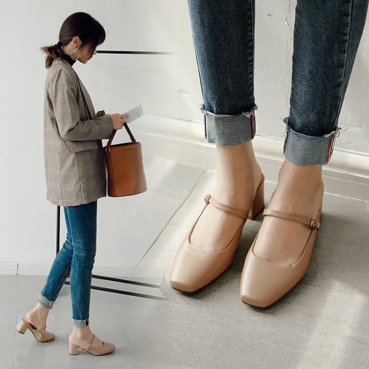 

2018 Summer New Style Europe And America Retro Buckle Semi-high Heeled Mary Jane Shoes Genuine Leather Closed-toe Mules Shoes Ch