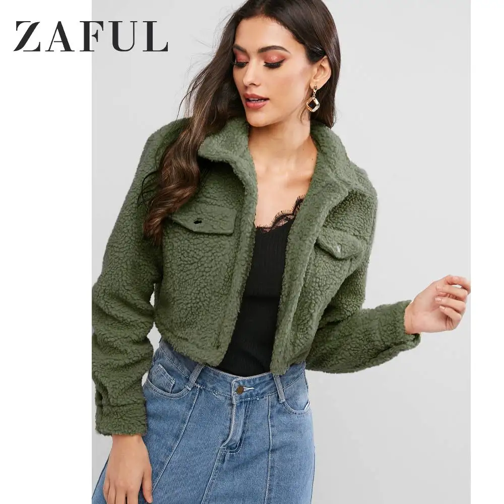 ZAFUL пушистая короткая куртка на кнопках с длинными рукавами и отложным воротником, Короткие топы с широкой талией, зимняя повседневная женская куртка