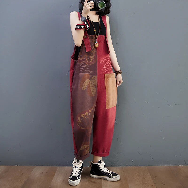 

M-XXL High Quality Women Denim Loose Cropped Overalls Women Casual Printed Stitching Retro Jumpsuit