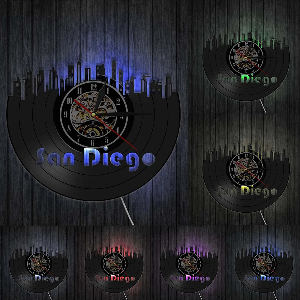 San Diego Cityscape 3D Wall Clock Skyline Vinyl Record Clock Handmade Retro Decorative Wall Clock Tourist Souvenir - Цвет: With LED