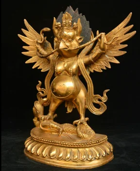 

11" Tibetan Bronze Gilt Redpoll Winged Garuda Bird Eagle Buddha Snake God Statue