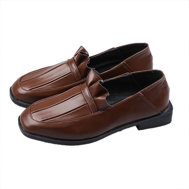 Designer ruffles round toe flats solid leather slip on shoes woman british college casual moccasins sewing 2-wear female loafers